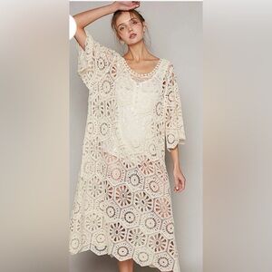 POL New! White Crochet Tunic Layering Dress Kimono COVER UP One Size NWT